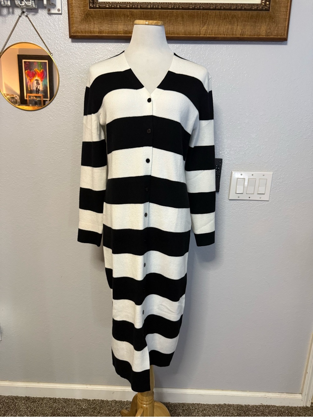 Striped Black and White Long Sleeve Button-Front Dress